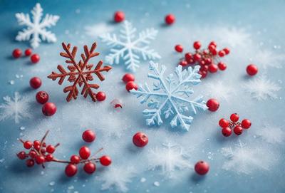 The primary subject of the image is a close-up of a snowflake ornament. The setting is a snowy surface, and the visual style is a photo. The dominant colors are white and red, with the snowflake ornament being predominantly white and the red berries being the main red element in the scene. The overall atmosphere is festive and wintery.